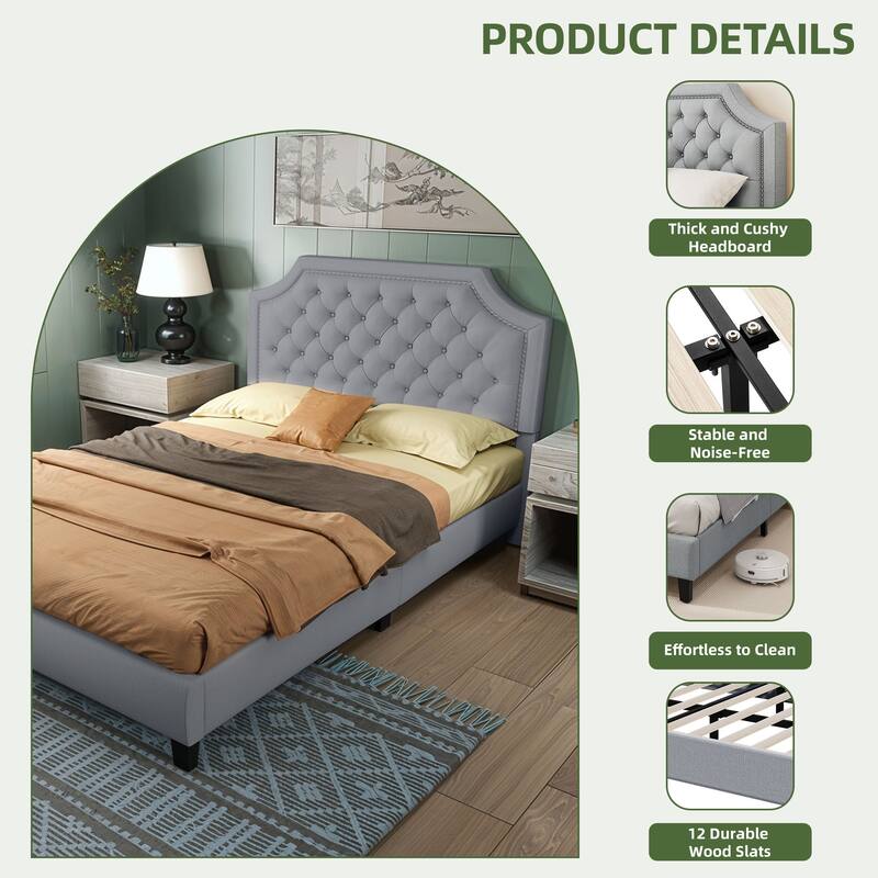 Moasis Upholstered Tufted Bed Frame with Adjustable Height Headboard