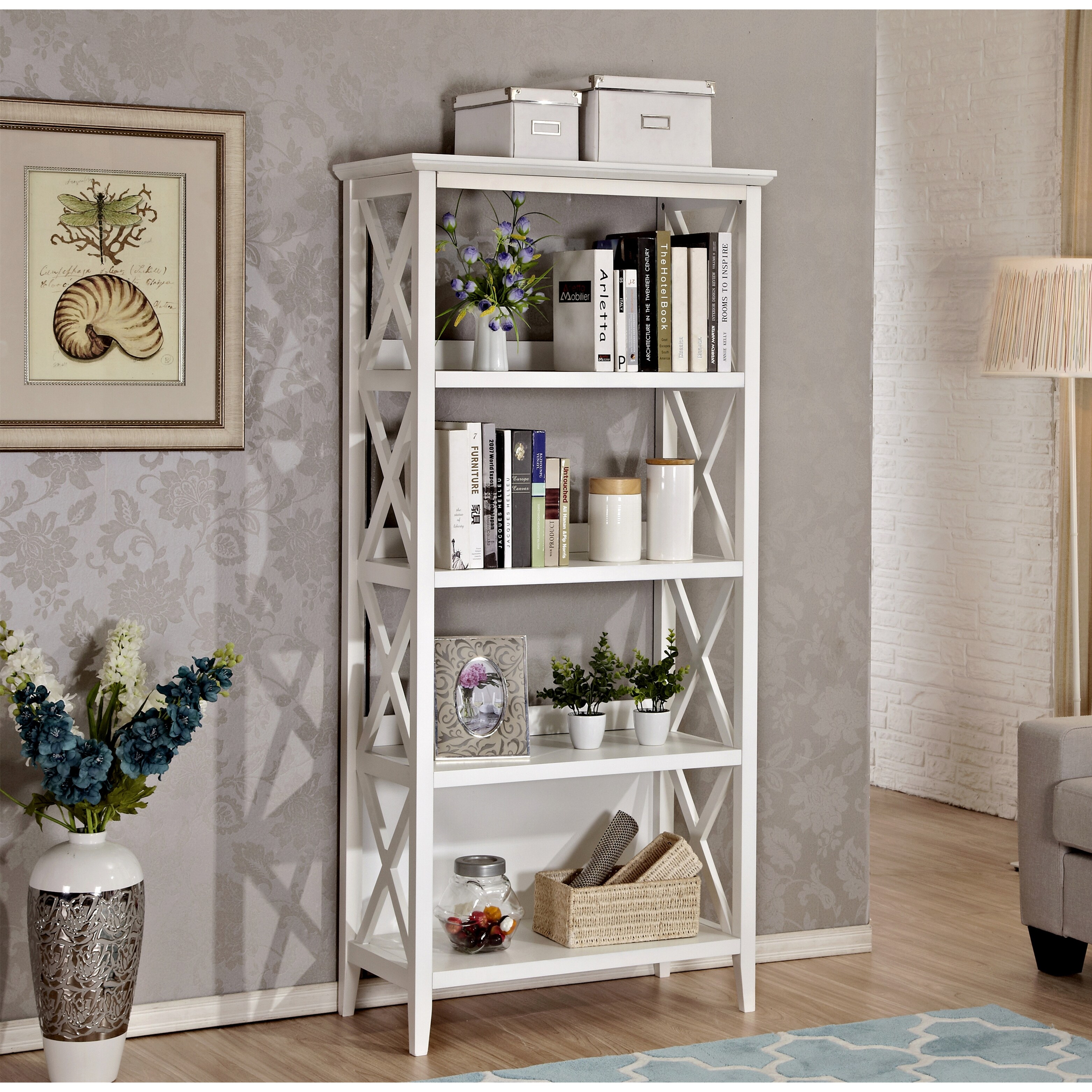 67 H Side X shape Bookcase 4 Tier Bookshelf with Sturdy Solid
