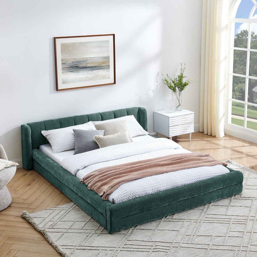 Chenille Fabric Grounded Bed, Thick Fabric Upholstered Bedframe Queen Size Low Wingback Bed with Solid Wood Slat Support Frame