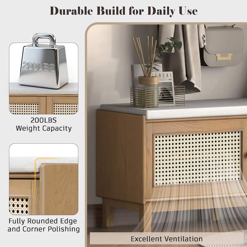 Boho Rattan Shoe Storage with Washable Cushion & Adjustable Shelves by Harper&Bright Designs