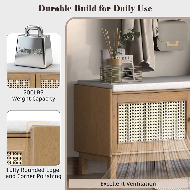 Rattan Entryway Bench Shoe Bench with Storage, Brown Beige Indoor Bench Lounge Bench Ottoman Window Bench