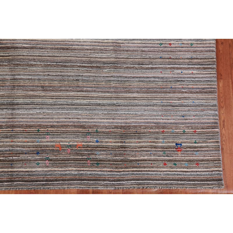 Striped Gabbeh Indian Area Rug Hand-Knotted Tribal Wool Carpet - 8'0" x 9'8"