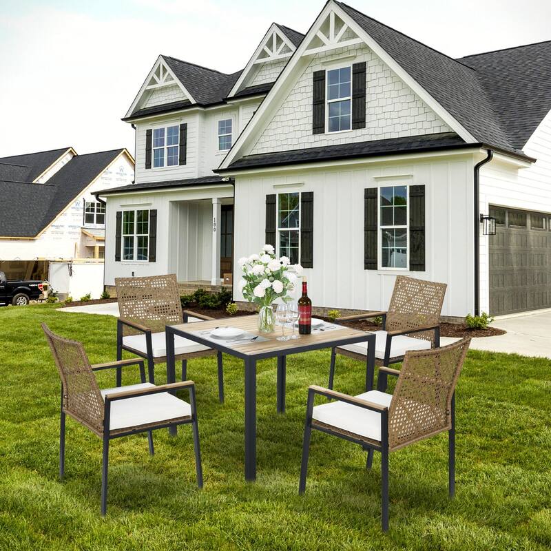 All Weather 5-Piece Patio Dining Table Sets, Patio Conversation Set Acacia Wood Table Top with Umbrella Hole, Rattan Outdoor