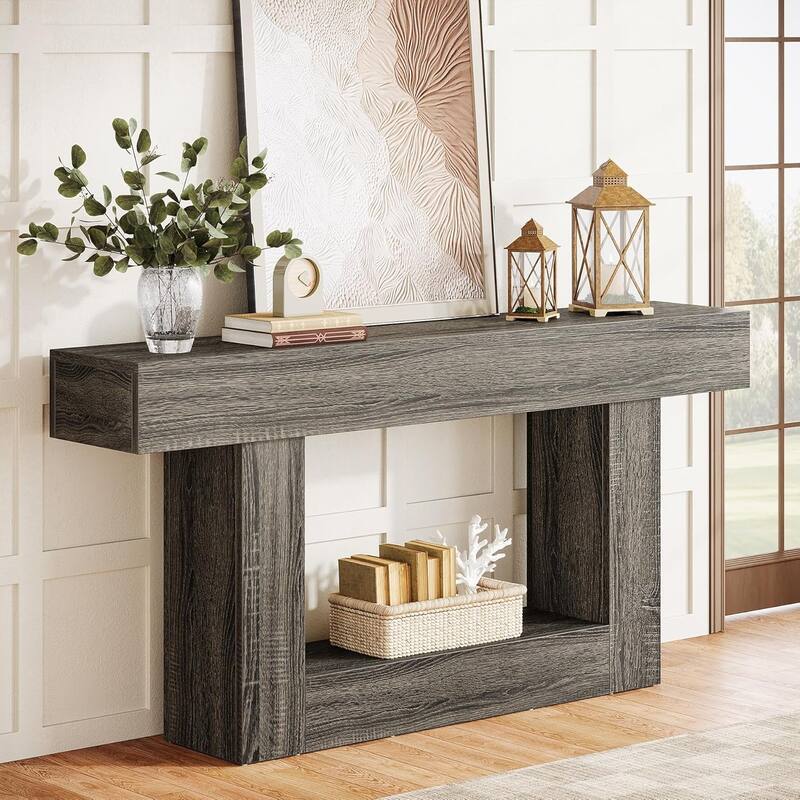 63 Inches Brown/ Gray Wood Console Table, Farmhouse Entryway Table for Hallway