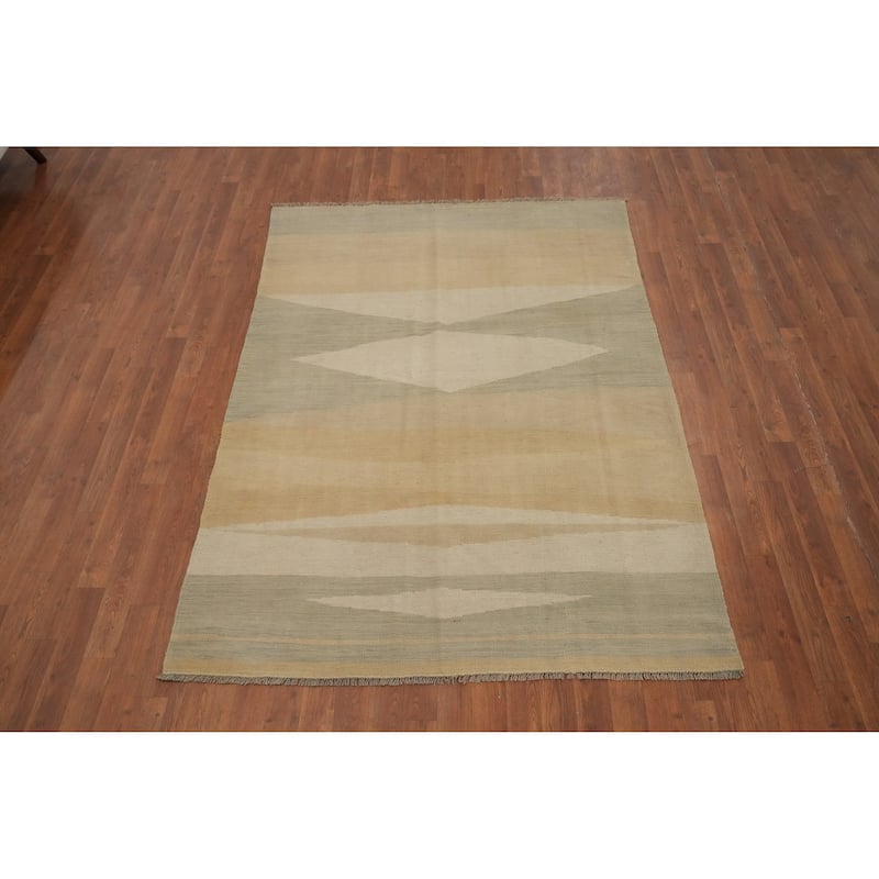 Hand Woven Oriental 100% Wool Carpet Southwestern Modern Beige & Ivories Kilim Area Rug - 6' 8'' X 4' 9''