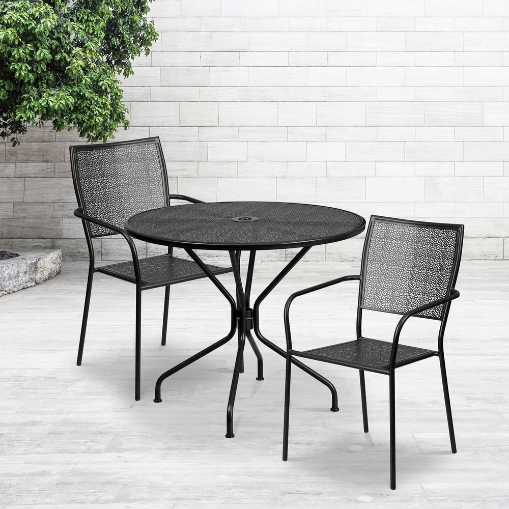 35-inch Round Steel 3-piece Patio Table Set with Square Back Chairs