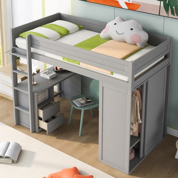 slide 2 of 15, Classic Twin Loft Bed Solid Wood Structure Slats Loft Bed with All-in-One Desk Drawers ,Guardrail, Sliding Doors Cabinet - Grey Grey - Twin