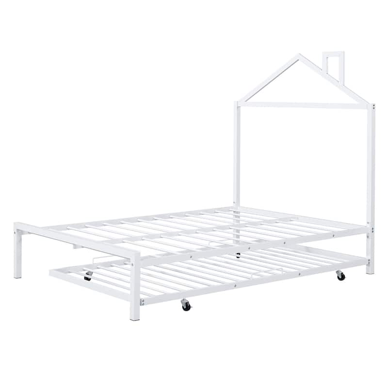 Full Size House Shaped Metal Platform Bed with Trundle