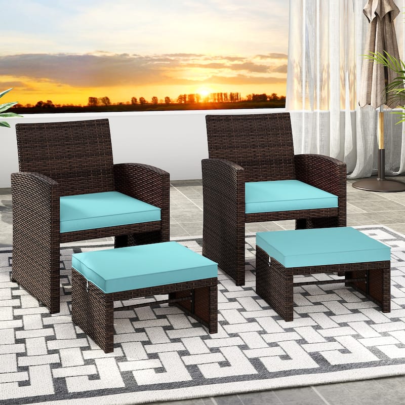 Set of 2 Outdoor Rattan Footstools Ottomans with Cushions for Patio Decor or Garden Seating - 16" L x 19" W x 9.5" H