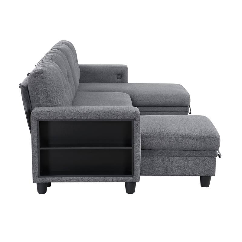 Hazel Boucle Sectional Sofa - Two Chaises, Pull-out Bed, Shelves