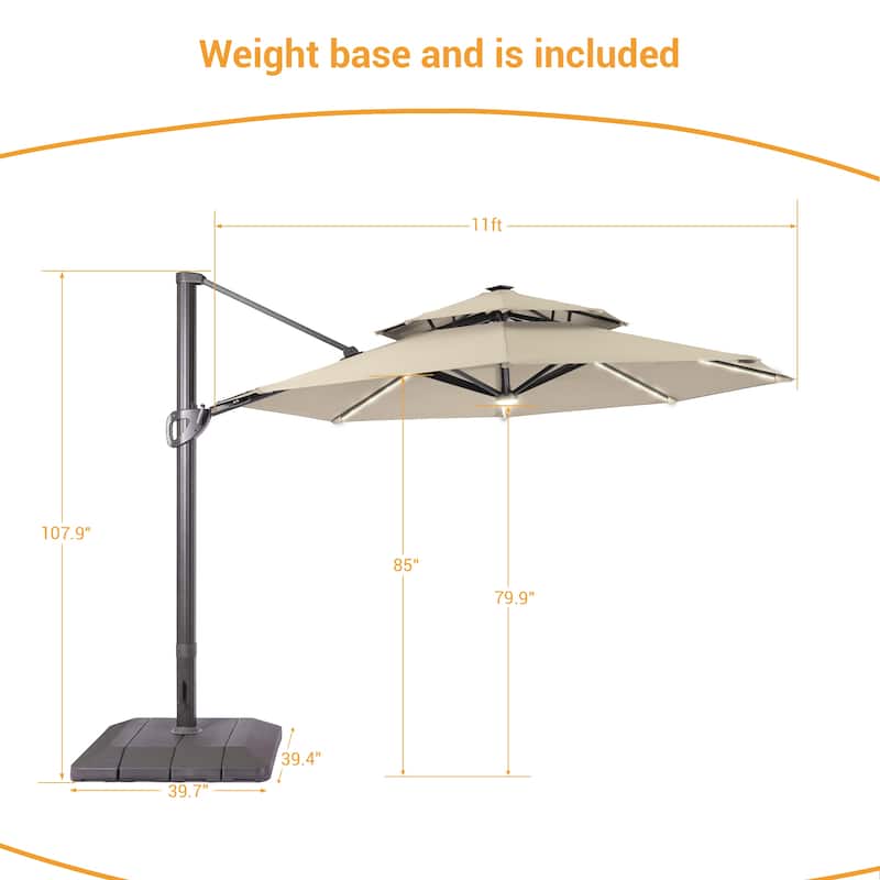 LIVOOSUN 11Ft LED Patio Hanging Double Top Octagon Cantilever Umbrella with 360-degree Rotating Canopy, Red