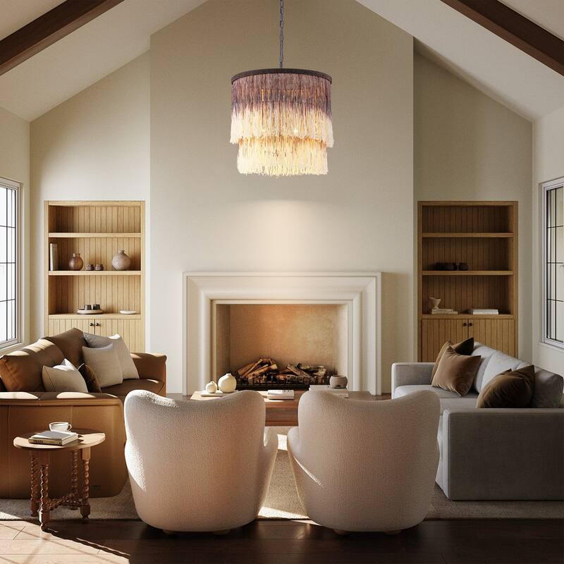 17.7" 3-Light Bohemian Farmhouse Purple Round Hand-made Cotton Fringe Tiered Hanging Chandelier Living Room,Bedroom