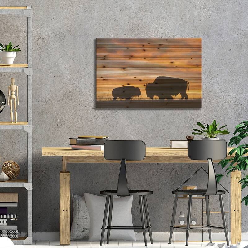 A Silhouette Of A Two Bison At Sunset Near Valentine, Nebraska Print On Wood by Joel Sartore - Multi-Color