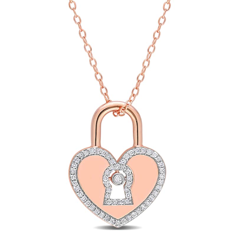 Miadora 1/5ct TDW Diamond Heart Lock Necklace in Rose Plated Sterling Silver