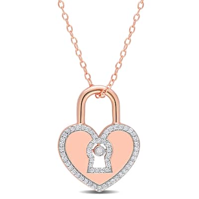 Miadora 1/5ct TDW Diamond Heart Lock Necklace in Rose Plated Sterling Silver