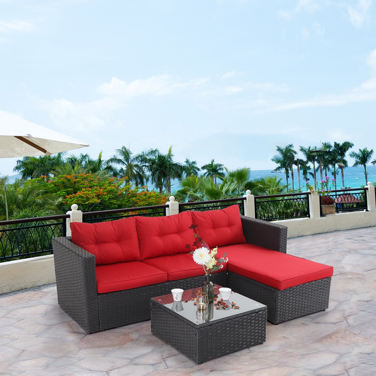 Blue Outdoor Conversation Furniture Wicker Furniture Set 3-Piece Outdoor Rattan Sofa Set Corner Sectional Sofa Lounge Chaise Loveseat Sofa Corner Lounge Sofa with Table and Cushions 