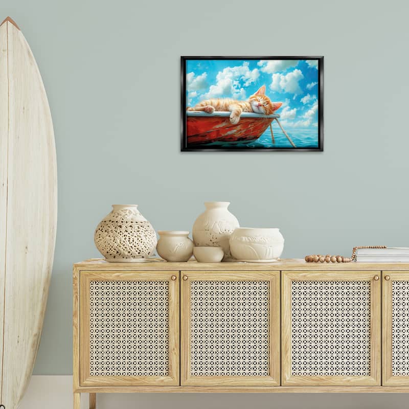 Stupell Sleeping Cat on Boat Framed Floater Canvas Wall Art Design By Parable Visions