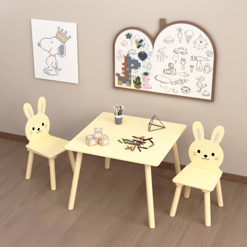 Anmytek Toddler 3-Piece Wooden Table and Chair Set Kids Activity Desk with Animal Backrest for Playroom Nursery