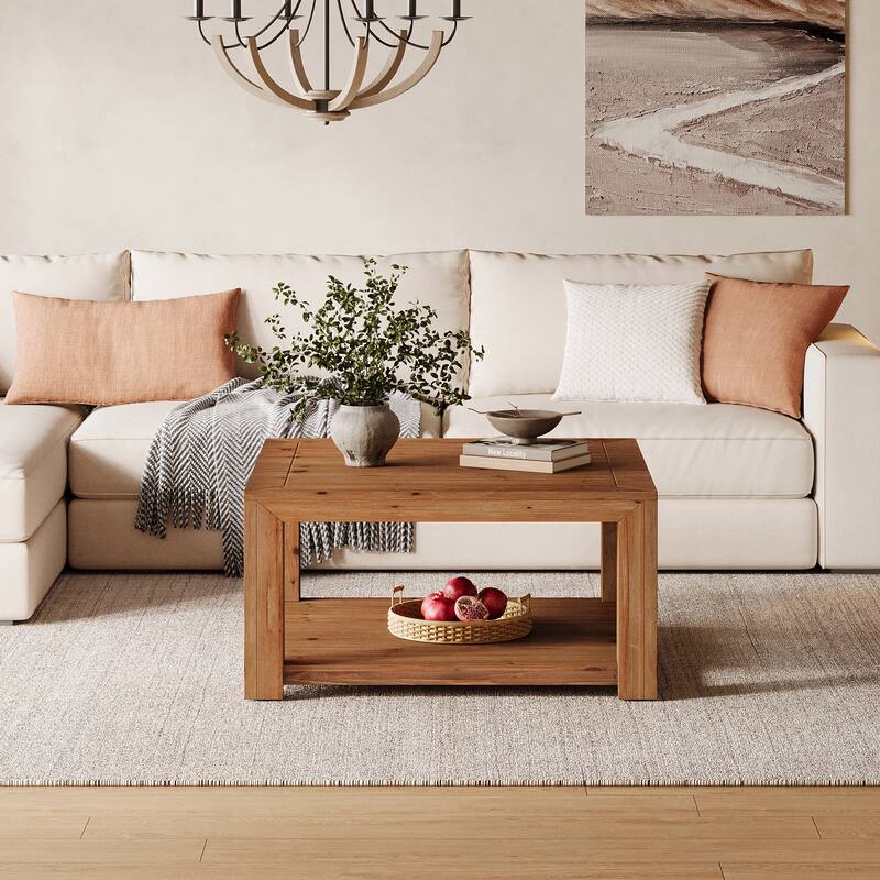 Square Coffee Table with Storage, 31.5-inch Solid Wood Center Table