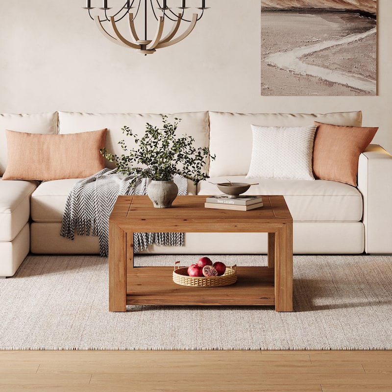 Square Solid Wood Coffee Table, Open Storage Shelf Living Room Center Cocktail Accent Table