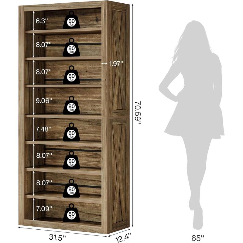 70.59 Inches Large Wooden Bookshelf, 8 Tier Tall Bookcase with Adjustable Shelves
