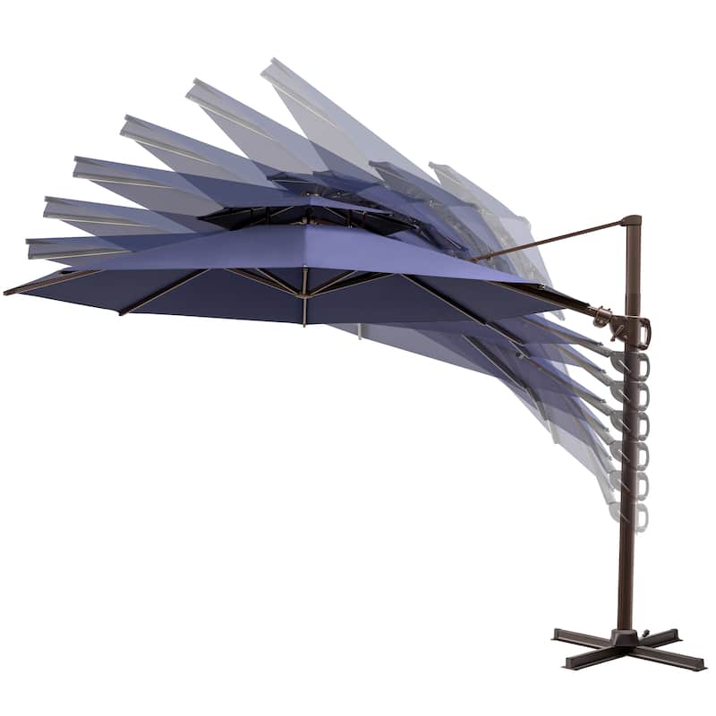 11 ft Outdoor Aluminum Dual Top Solar Powered LED Lighted Patio Cantilever Umbrella and Weighted Base