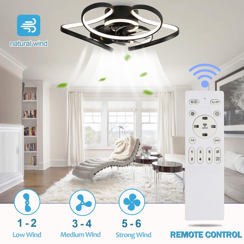 Oaks Aura 22"Futuristic Black Modern Flush Mount Ceiling Fan with Light, Low Profile 6-Speed Smart APP Ceiling Fan With Remote