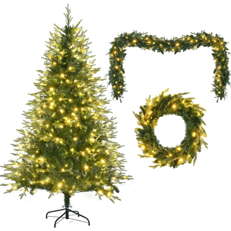 HomeRoots Three Piece Pre Lit Extra Full Frosted Pine Christmas Tree With Garland And Wreath Set