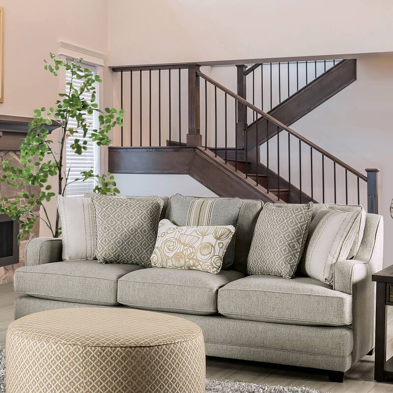 Ruwa Transitional Grey Fabric Sofa with Accent Pillows by Furniture of America - Grey/Gold with Care Kit