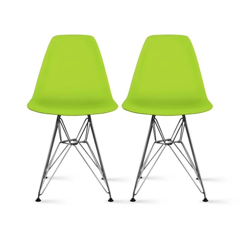 Set of 2 White Molded Plastic Dining Chairs Mid-Century Modern Armless Side Chairs with Chrome Eiffel Legs for Kitchen or Office