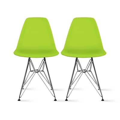 Set of 2 White Molded Plastic Dining Chairs Mid-Century Modern Armless Side Chairs with Chrome Eiffel Legs for Kitchen or Office
