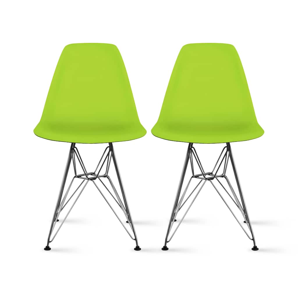 Set of 2 White Molded Plastic Dining Chairs Mid-Century Modern Armless Side Chairs with Chrome Eiffel Legs for Kitchen or Office