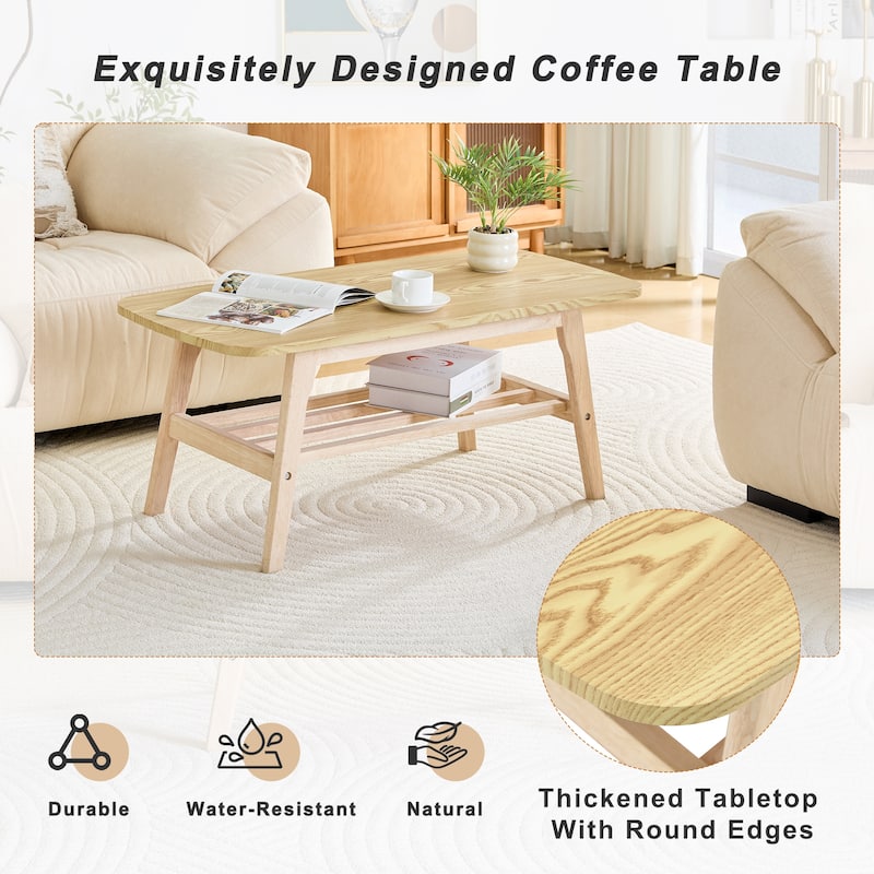 Solid Wood Coffee Table - 2-Tier Wooden Center Coffee Table with Storage Shelf for Living Room, Apartment, and Office