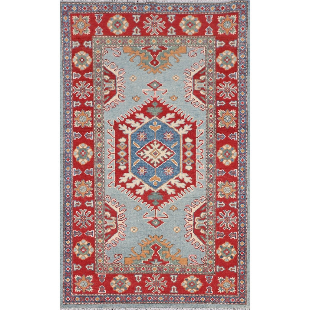 Light Blue Geometric Kazak Rug Hand-Knotted Wool Carpet - 3'1" x 5'3"