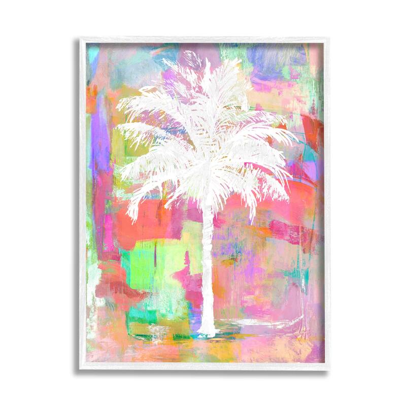 Stupell Bold Blocked Background Tropical White Palm Tree Framed Wall Art - Pink - 24 x 30 - White