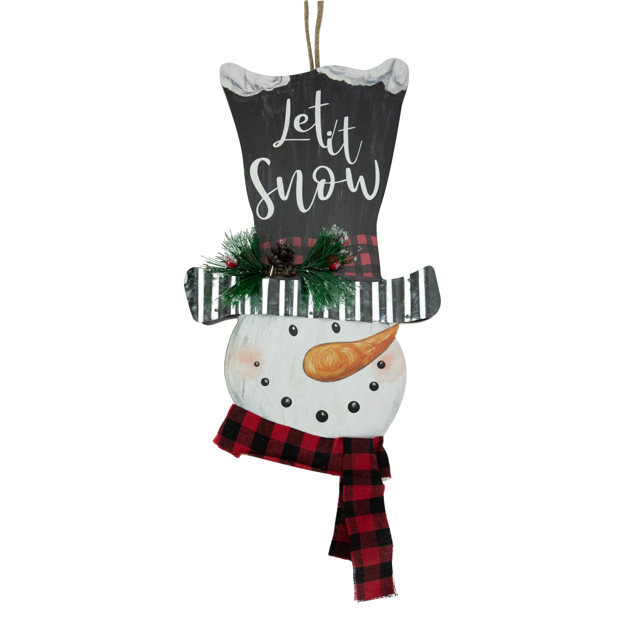 17" Wooden 'Let it Snow' Snowman with Plaid Scarf Christmas Wall Sign