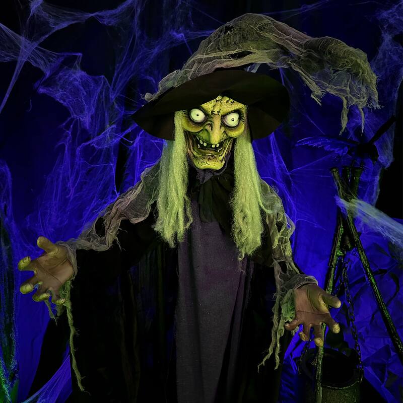 Haunted Hill Farm 6.9-Ft. Poseable Talking Witch with Red Eyes