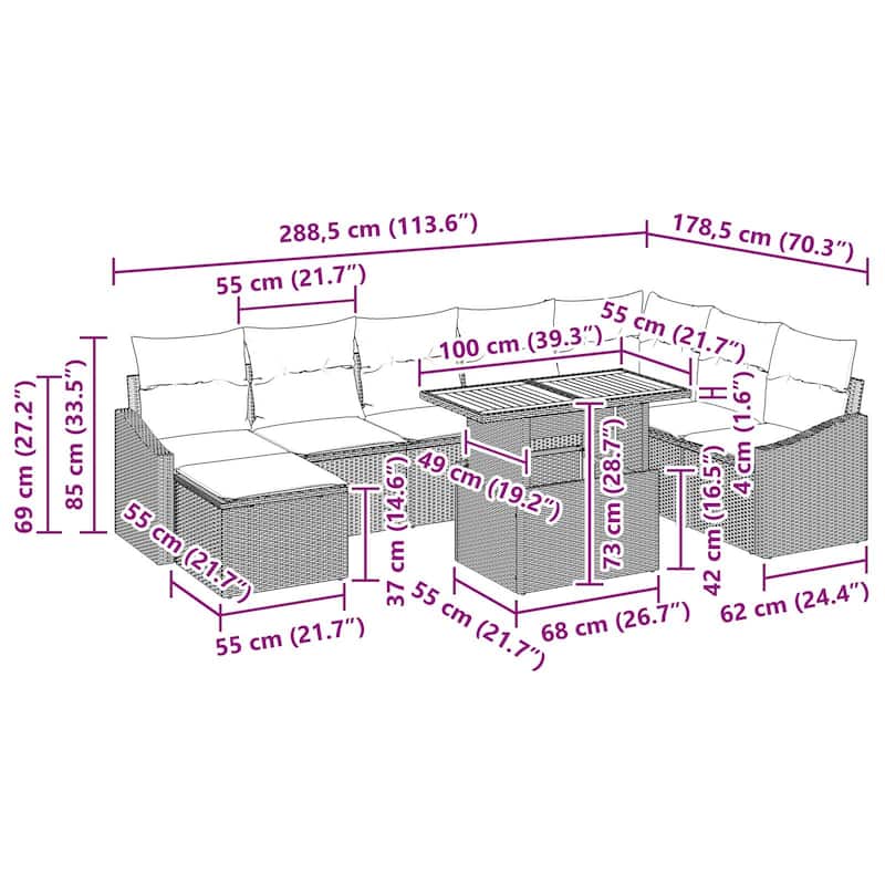 vidaXL 9 Garden Sofa Set with Cushions Black/Grey Poly Rattan - 113.6 x 70.3 x 27.2