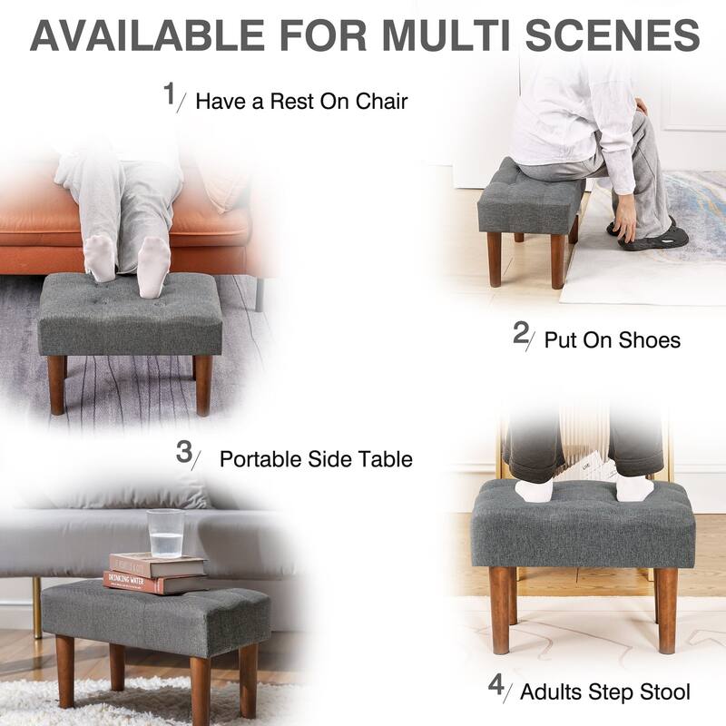 Javlergo Set of 1 or 2 Linen Ottoman Foot Rest with Wooden Legs Tufted Rectangle Upholstered Footstool for Couch Living Room