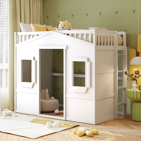 Twin Size House Loft Bed Bedroom Wood Kids' Beds with Roof and