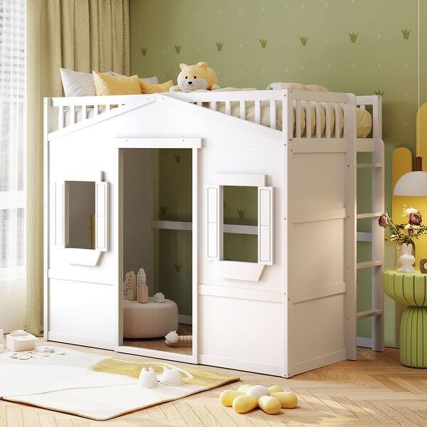 slide 2 of 14, White Twin Size Solid Wood House Loft Bed with Ladder Twin - White