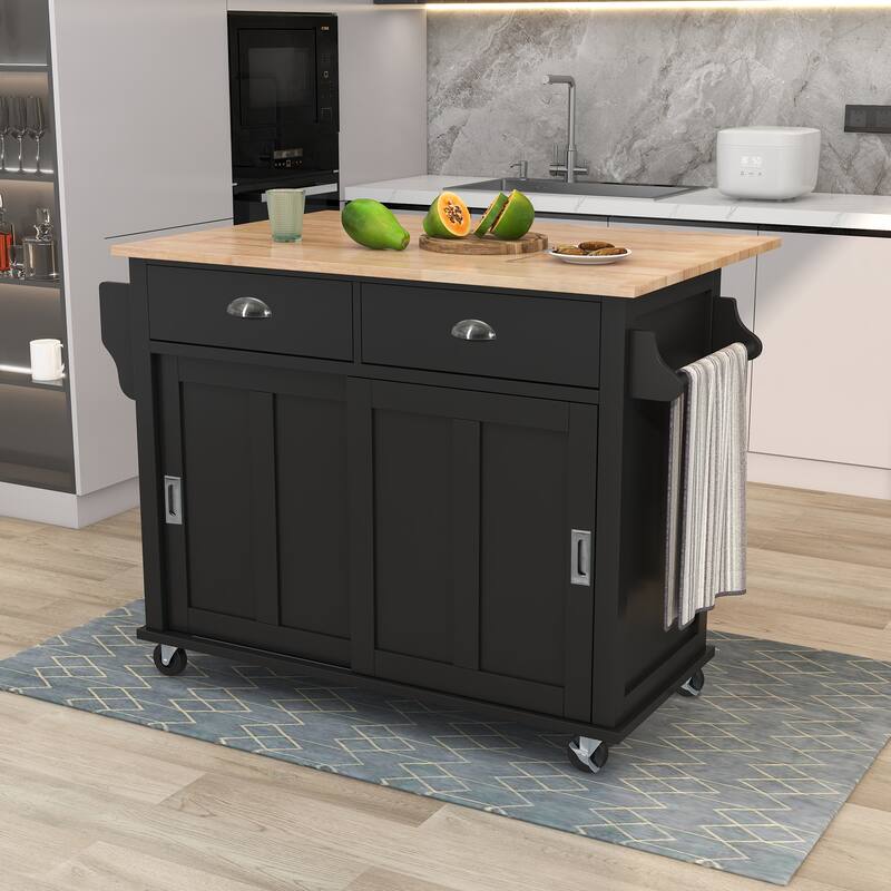 Kitchen Cart,Kitchen Island with Wood Drop-Leaf Countertop,Sliding Barn Door Adjustable Height, Wheels,Cabinet and 2 Drawers