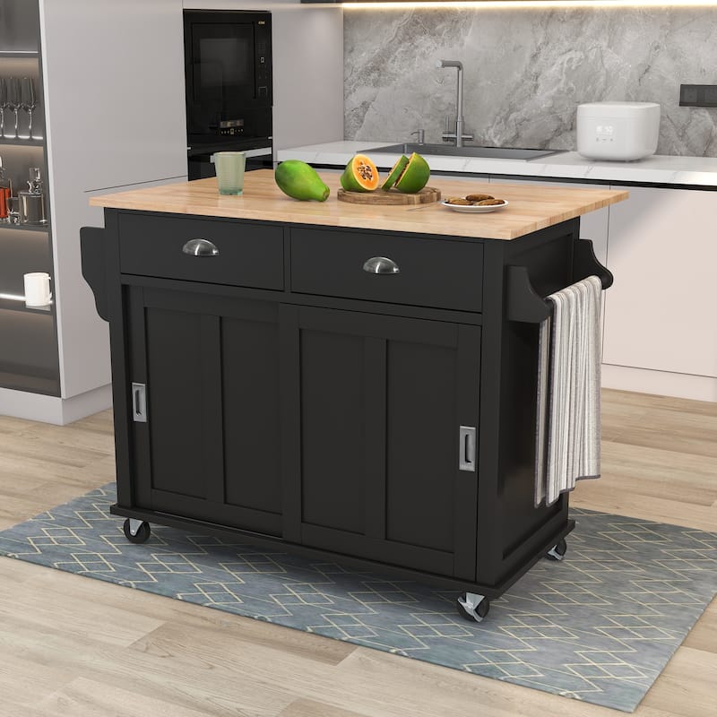 Rolling Kitchen Cart Drop-Leaf Kitchen lsland with Sliding Barn Door