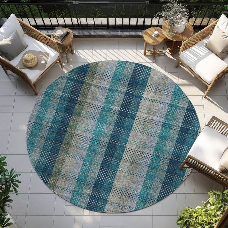 Machine Washable Indoor/ Outdoor Modern Plaid Chantille Rug - Teal - 8' x 8'