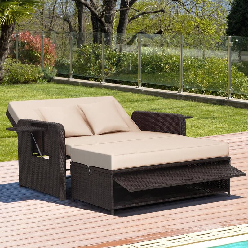 Patio Rattan Daybed with 4-Level Adjustable Backrest and Retractable Side Tray - 31" x 67" x 36"