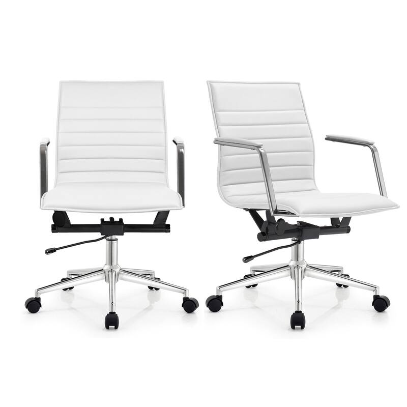 Set of 2 Modern Office Chairs | Upholstered PU Leather Ribbed Mid Back with Metal Frame | Adjustable Height, Tilt Lock - Upholstered PU Leather Ribbed Mid Back with Metal Frame | Adjustable Height, Tilt Lock|White