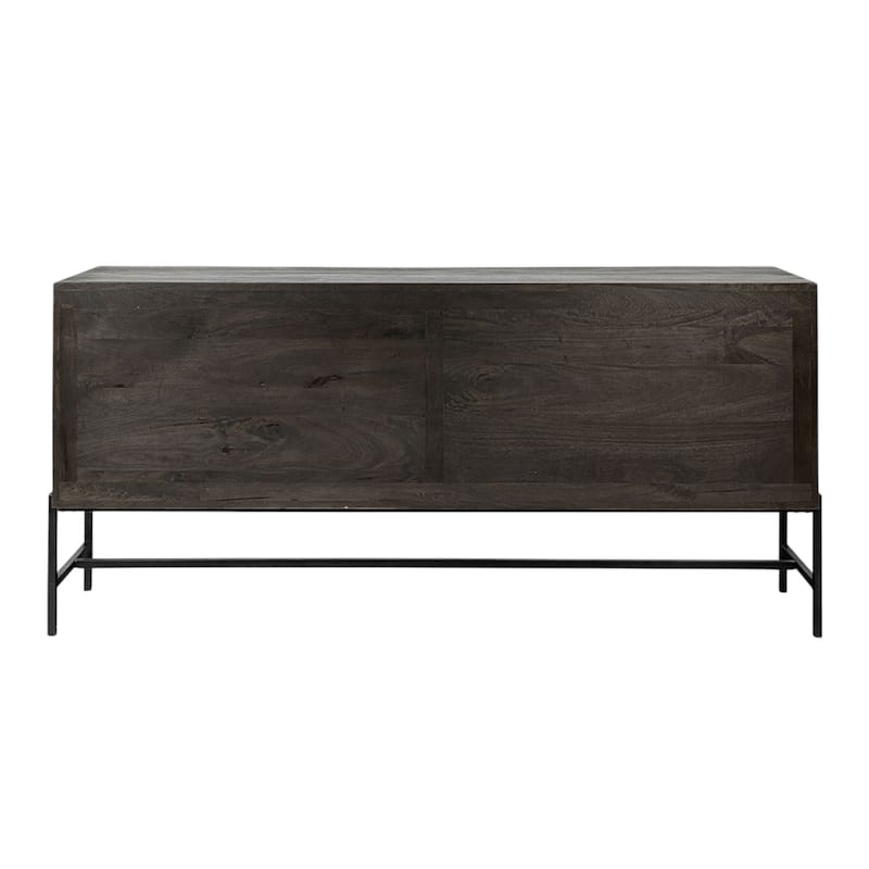 HomeRoots 70" Black Solid Wood Sideboard with Four Glass Doors - 18' X '32' X '70