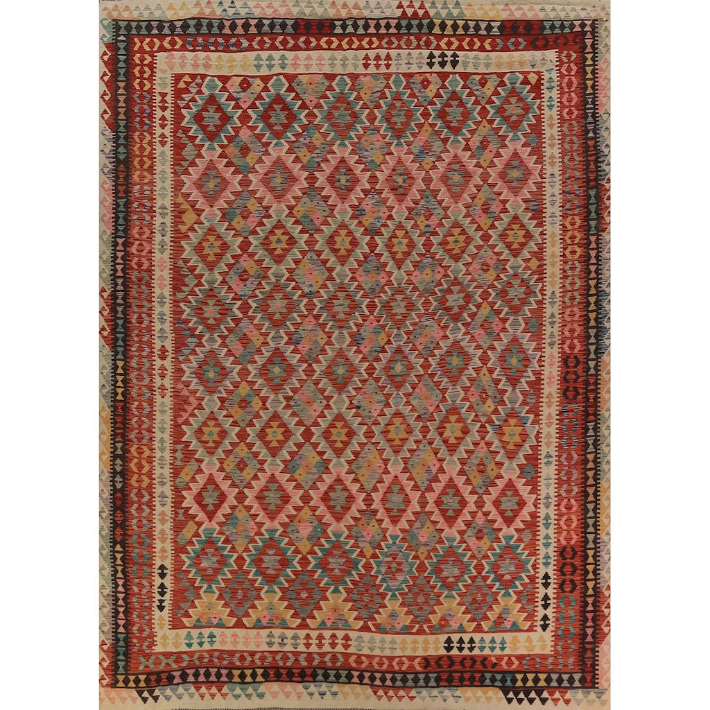 Reversable Trellis Kilim Oriental Area Rug Handmade Wool Carpet - 10'0"x 12'9"