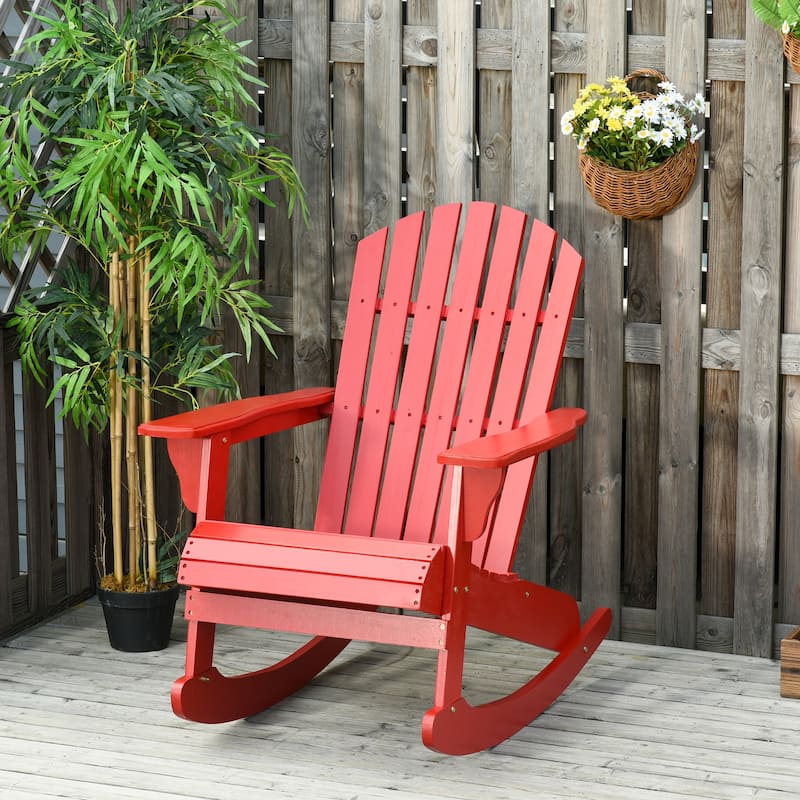 Outsunny Wooden Adirondack Rocking Chair with Slatted Wooden Design, Fanned Back, & Classic Rustic Style, Teak - Red