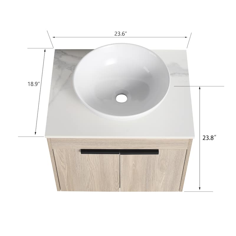 24 " Float Bathroom Vanity With Ceramic Basin Set,Wall Mounted White Oak Vanity With Soft Close Door,2 Pieces Parcel